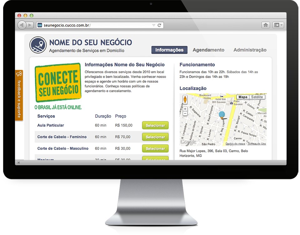 Tela de informações, página inicial do prestador de serviços no Cucco